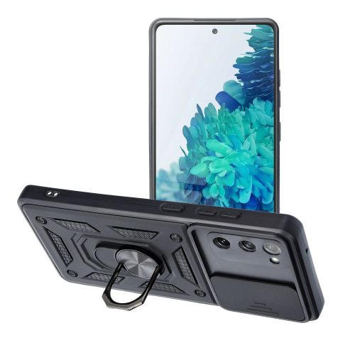 Samsung Galaxy S20 FE / S20 FE 5G hátlap tok, telefon tok, kitámasztható, mágneses, ütésálló, fekete, Slide Armor