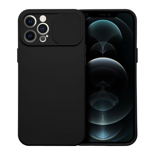 iPhone 12 Pro Max szilikon tok, hátlap tok, kamera védelemmel, fekete, SLIDE Case