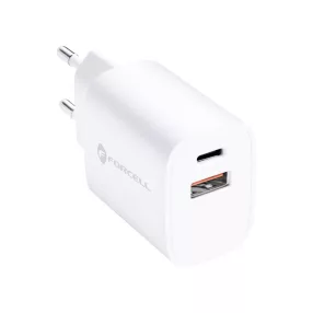   Hálózati töltőfej, adapter, USB-A + USB-C port, gyorstöltő, PD és QC 4.0, 3A 30W, fehér, Forcell TFK-TC-30WPD