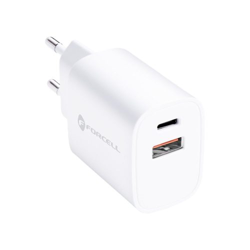 Hálózati töltőfej, adapter, USB-A + USB-C port, gyorstöltő, PD és QC 4.0, 3A 30W, fehér, Forcell TFK-TC-30WPD