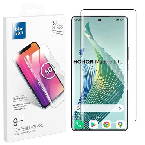 Honor Magic5 Lite 5G üvegfólia, tempered glass, előlapi, 5D, edzett, hajlított, fekete kerettel, BlueStar