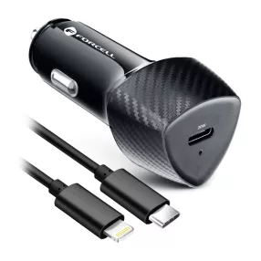   Szivartöltő fej, autós töltő + iPhone 8pin, lightning töltőkábel, adatkábel gyorstöltő, quick charge, 20W 3A, fekete, karbon mintás, Forcell CC50-1C