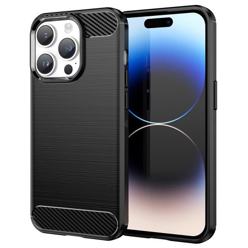 iPhone 15 Pro szilikon tok, hátlaptok, telefon tok, karbon mintás, fekete, Carbon case