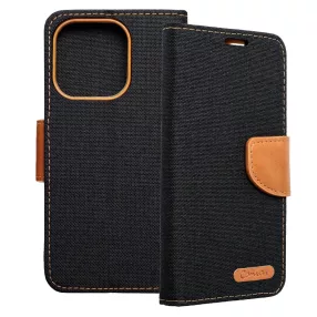   iPhone 15 Pro könyvtok, fliptok, telefon tok, mágneszáras, bankkártya tartós, fekete, Canvas
