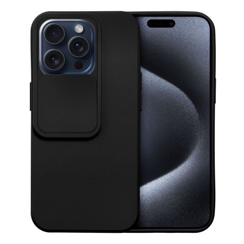 iPhone 15 Pro szilikon tok, hátlap tok, kamera védelemmel, fekete, SLIDE Case