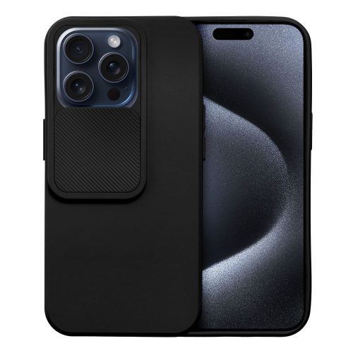 iPhone 15 Pro Max szilikon tok, hátlap tok, kamera védelemmel, fekete, SLIDE Case
