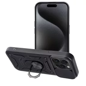   iPhone 15 Pro Max hátlap tok, telefon tok, kitámasztható, mágneses, ütésálló, fekete, Slide Armor