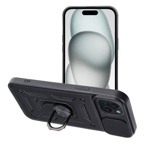 iPhone 15 Plus hátlap tok, telefon tok, kitámasztható, mágneses, ütésálló, fekete, Slide Armor
