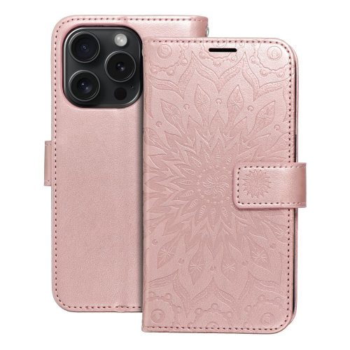 iPhone 15 Pro könyvtok, fliptok, telefon tok, bankkártyatartós, mágneszáras, mandala mintás, rose gold, Forcell Mezzo