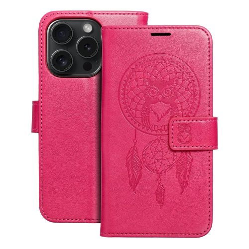 iPhone 15 Pro könyvtok, fliptok, telefon tok, oldalra nyíló tok, mágnesesen záródó, mandala mintás, magenta, Forcell Mezzo