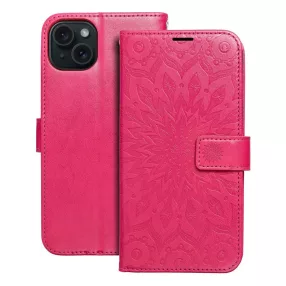   iPhone 15 Plus könyvtok, fliptok, telefon tok, oldalra nyíló tok, mágneszáras, bankkártyatartós, mandala mintás, magenta, Forcell Mezzo