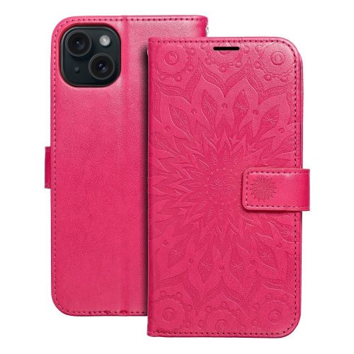 iPhone 15 Plus könyvtok, fliptok, telefon tok, oldalra nyíló tok, mágnesesen záródó, mandala mintás, magenta, Forcell Mezzo