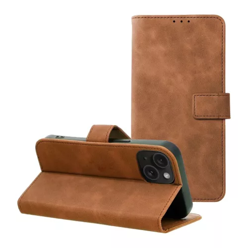 iPhone 15 könyvtok, fliptok, telefon tok, bankkártyatartós, mágneszáras, barna, Tender Book