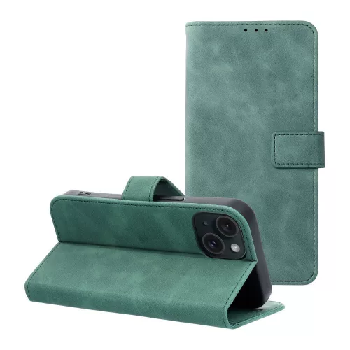 iPhone 15 könyvtok, fliptok, telefon tok, bankkártyatartós, mágneszáras, zöld, Tender Book