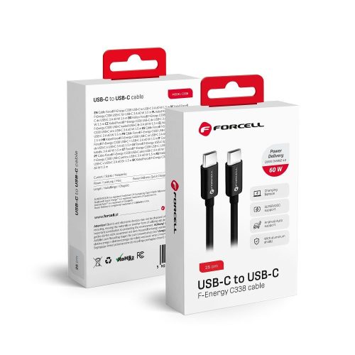 USB-C (Type-C) adatkábel, töltőkábel, QC4.0, PD gyorstöltő, fekete, 60W 25cm, Forcell C338