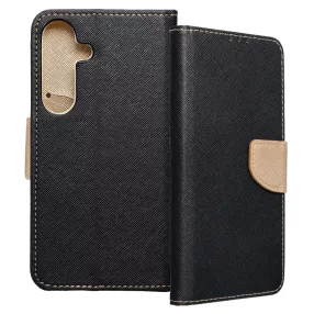   Samsung Galaxy S24 5G könyvtok, fliptok, telefon tok, bankkártyatartós, mágneszáras, fekete-arany, Fancy