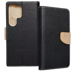   Samsung Galaxy S24 Ultra 5G könyvtok, fliptok, telefon tok, bankkártyatartós, mágneszáras, fekete-arany, Fancy