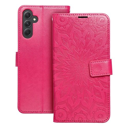 Samsung Galaxy A15 4G / A15 5G könyvtok, flip tok, telefon tok, oldalra nyíló tok, mágneszáras, bankkártyatartós, mandala mintás, magenta, Forcell Mezzo