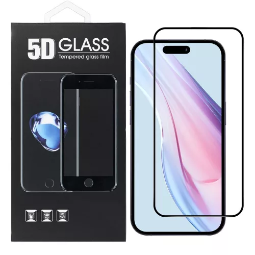 iPhone 15 Plus / 16 Plus üvegfólia, tempered glass, előlapi, 5D, edzett, hajlított, fekete kerettel