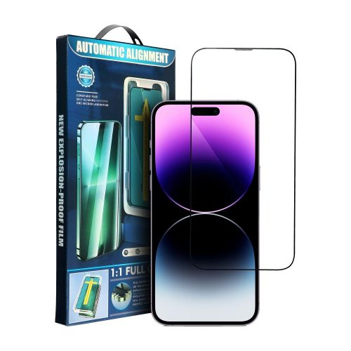 iPhone 15 üvegfólia, tempered glass, előlapi, 5D, edzett, hajlított, felhelyezést segítő kerettel