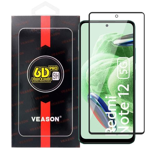Xiaomi Redmi Note 12 4G / Note 12 5G üvegfólia, tempered glass, előlapi, edzett, hajlított, fekete kerettel, Veason 6D Pro