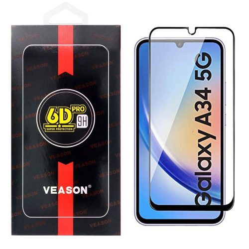 Samsung Galaxy A34 5G üvegfólia, tempered glass, előlapi, edzett, hajlított, fekete kerettel, Veason 6D Pro