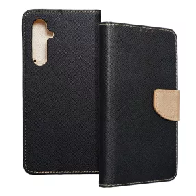   Samsung Galaxy A55 5G könyvtok, fliptok, telefon tok, bankkártyatartós, mágneszáras, fekete-arany, Fancy