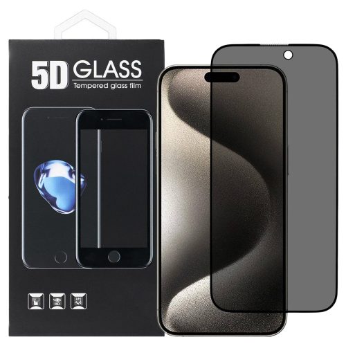 iPhone 15 Pro üvegfólia, tempered glass, előlapi, 5D, edzett, hajlított, fekete kerettel, betekintés védelemmel, Privacy