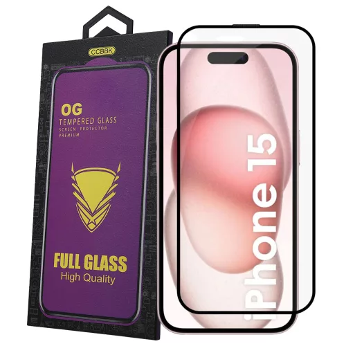 iPhone 15 / 16 üvegfólia – 9H edzett kijelzővédő, teljes képernyős, fekete keretes, OG Premium