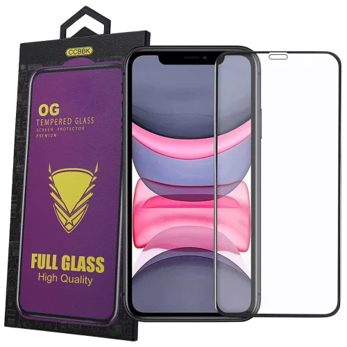 iPhone 11 / XR üvegfólia – 9H edzett kijelzővédő, teljes képernyős, fekete keretes, OG Premium