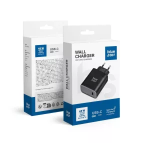   Hálózati töltőfej, adapter, gyorstöltő, Super Fast Charge, USB-C (Type-C) port, fekete, 45W, Bluestar