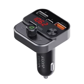   FM transmitter Bluetooth autós töltő kihangosító 30W QC3.0 USB-C + 2x USB-A, LED kijelző, Bluestar BT84B