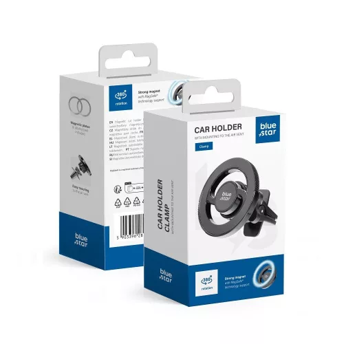 Autós mobiltelefon tartó, szellőzőnyílásra helyezhető, mágneses, MagSafe kompatibilis, fekete, Bluestar CLAMP