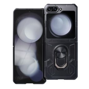   Samsung Galaxy Z Flip5 5G telefon tok, elő+hátlap tok, műanyag, kitámasztható, ütésálló, fekete, Ring armor, SM-F731B/DS