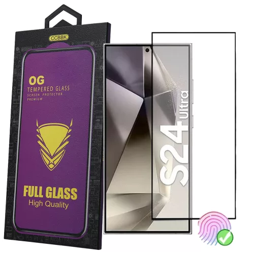 Samsung Galaxy S24 Ultra 5G üvegfólia – 9H edzett, teljes kijelzős, fekete keretes, ujjlenyomat-olvasó kompatibilis, OG Premium
