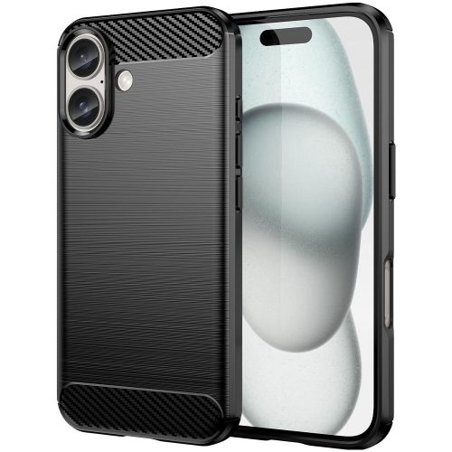 iPhone 16 Plus szilikon tok, hátlaptok, telefon tok, karbon mintás, fekete, Carbon case