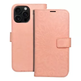   iPhone 16 Pro könyvtok, fliptok, telefon tok, mágneszáras, bankkártyatartós, mandala mintás, barack színű, Forcell Mezzo