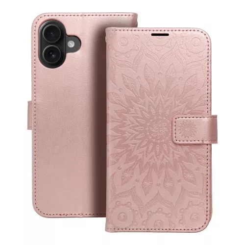 iPhone 16 Plus könyvtok, fliptok, telefon tok, mágneszáras, bankkártyatartós, mandala mintás, rose gold, Forcell Mezzo