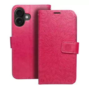   iPhone 16 könyvtok, fliptok, telefon tok, oldalra nyíló tok, mágneszáras, bankkártyatartós, mandala mintás, magenta, Forcell Mezzo