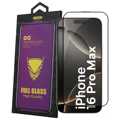 iPhone 16 Pro Max üvegfólia – 9H edzett kijelzővédő, teljes képernyős, fekete keretes, OG Premium