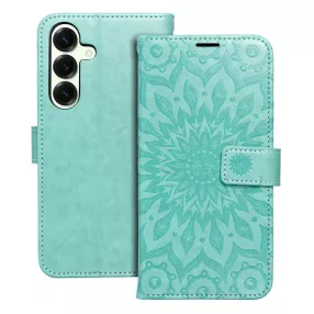   Samsung Galaxy S24 FE 5G könyvtok, fliptok, telefon tok, oldalra nyíló tok, mágneszáras, bankkártyatartós, mandala mintás, zöld, Forcell Mezzo