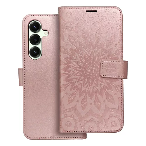 Samsung Galaxy S24 FE 5G könyvtok, fliptok, telefon tok, oldalra nyíló tok, mágneszáras, bankkártyatartós, mandala mintás, rose gold, Forcell Mezzo