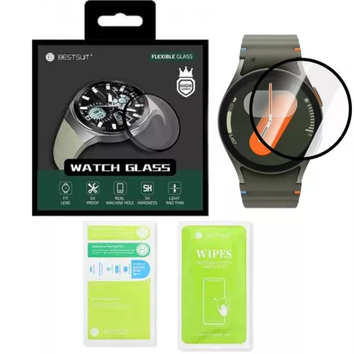 Samsung Galaxy Watch 7 44mm okosóra kijelzővédő fólia, hibrid, flexibilis, 3D, hajlított, fekete kerettel, Bestsuit