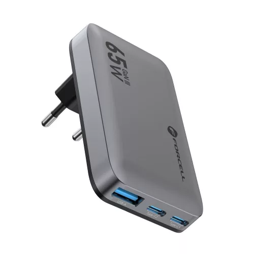 65W GaN gyorstöltő USB-C + USB-A hálózati adapter 2x USB-C 1x USB-A lapos kialakítású telefon és laptop töltő, Forcell VT-47