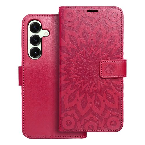 Samsung Galaxy S25 5G könyvtok, fliptok, telefon tok, oldalra nyíló tok, mágneszáras, bankkártyatartós, mandala mintás, magenta, Forcell Mezzo