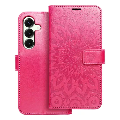 Samsung Galaxy S25 5G könyvtok, fliptok, telefon tok, oldalra nyíló tok, mágneszáras, bankkártyatartós, mandala mintás, magenta, Forcell Mezzo
