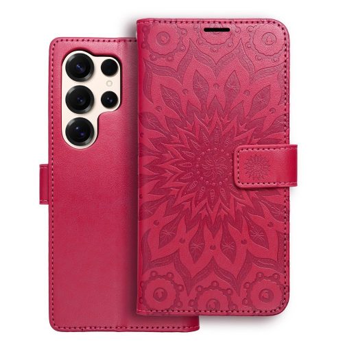 Samsung Galaxy S25 Ultra 5G könyvtok, flip tok, telefon tok, oldalra nyíló tok, mágneszáras, bankkártyatartós, mandala mintás, magenta, Forcell Mezzo