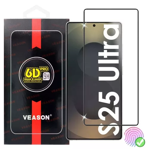 Samsung Galaxy S25 Ultra 5G üvegfólia, tempered glass, előlapi, edzett, hajlított, fekete kerettel, Veason 6D Pro ujjlenyomat-olvasó kompatibilis