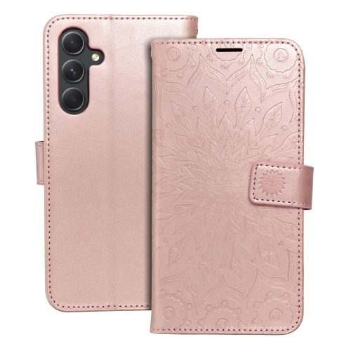 Samsung Galaxy A36 5G könyvtok, flip tok, telefon tok, oldalra nyíló tok, mágneszáras, bankkártyatartós, mandala mintás, rose gold, Forcell Mezzo