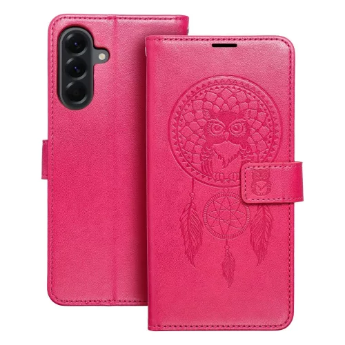 Samsung Galaxy A26 5G könyvtok, fliptok, telefon tok, mágneszáras, bankkártyatartós, álomfogó mintás, magenta, Forcell Mezzo